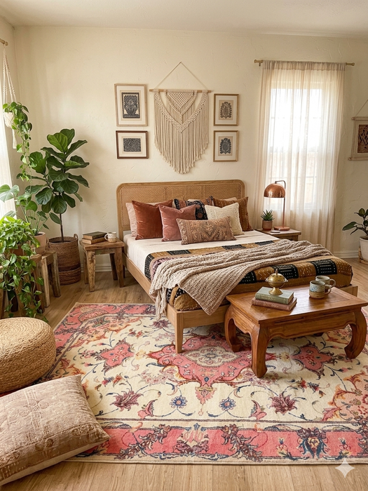 6' x 9' Rectangular Cream & Pink Floral Oriental Traditional Area Rug styled in a cozy bedroom with warm wood tones and bohemian accents.