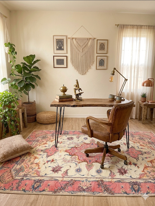 6' x 9' Rectangular Cream & Pink Floral Oriental Traditional Area Rug styled in a home office with natural wood furniture and soft lighting.