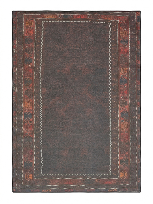 6' x 9' Rectangular Dark Brown & Rust Tribal Border Traditional Washable Area Rug isolated on a white background.