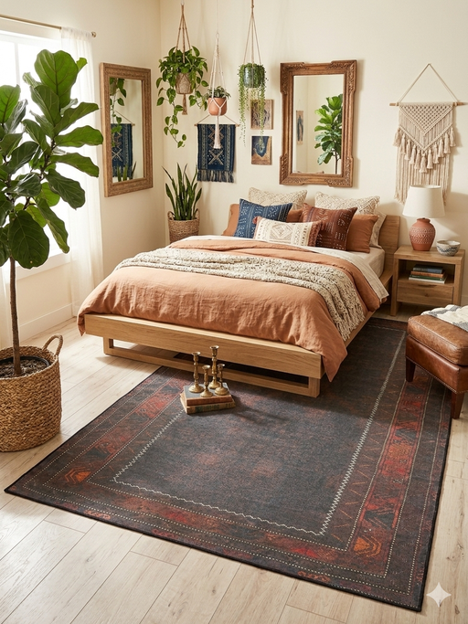 6' x 9' Rectangular Dark Brown & Rust Tribal Border Traditional Washable Area Rug styled in a bedroom with a wooden bed, layered bedding, and wall decor.