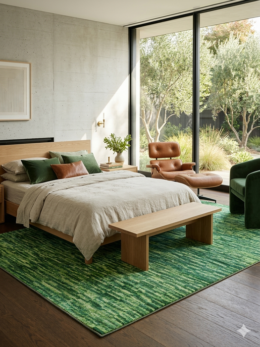 6' x 9' Rectangular Green Distressed Abstract Modern Area Rug styled in a bedroom with neutral bedding and mid-century accents.