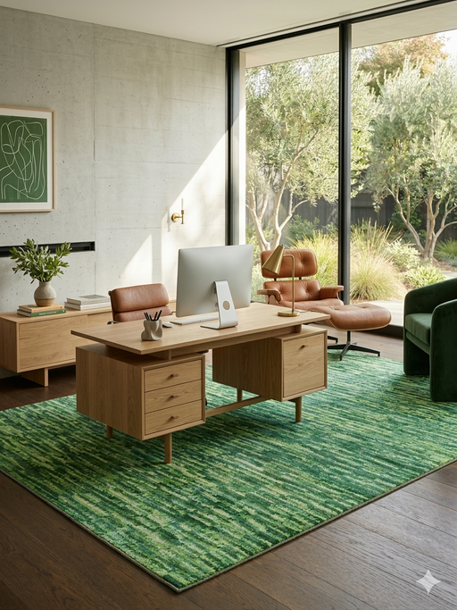 6' x 9' Rectangular Green Distressed Abstract Modern Area Rug styled in a home office with wood furniture and contemporary decor.