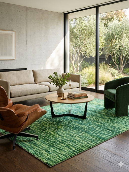 6' x 9' Rectangular Green Distressed Abstract Modern Area Rug styled in a living room with modern seating and natural light.