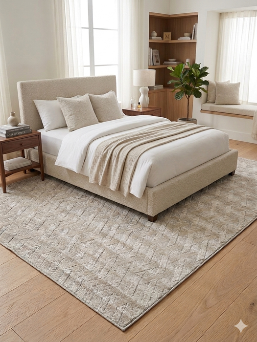 6' x 9' Rectangular Ivory & Beige Geometric Textured Modern Washable Area Rug styled in a bedroom with soft neutral bedding and warm wood accents.