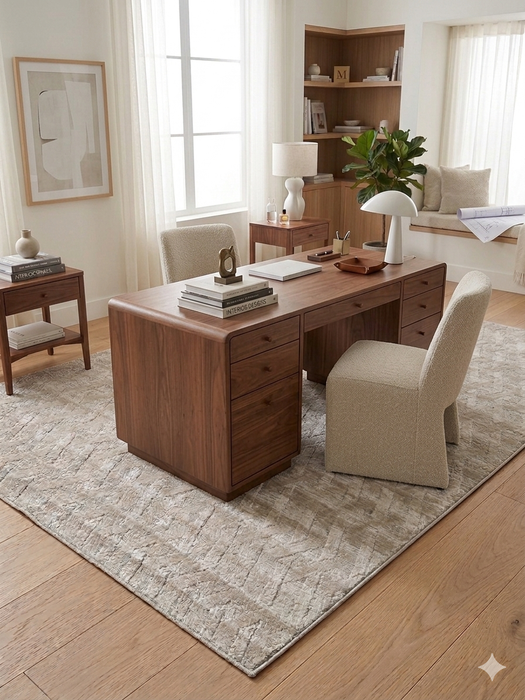 6' x 9' Rectangular Ivory & Beige Geometric Textured Modern Washable Area Rug styled in a home office with a wooden desk, soft lighting, and neutral decor.