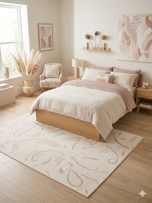 6' x 9' Rectangular Ivory & Blush Abstract Minimalist Modern Area Rug styled in a bedroom with light wood furniture and neutral bedding.