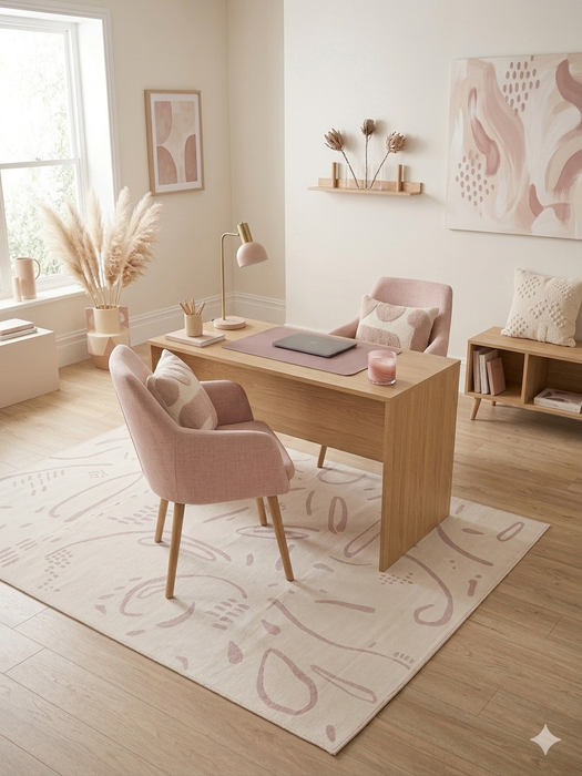 6' x 9' Rectangular Ivory & Blush Abstract Minimalist Modern Area Rug styled in a home office with a wooden desk and soft neutral decor.