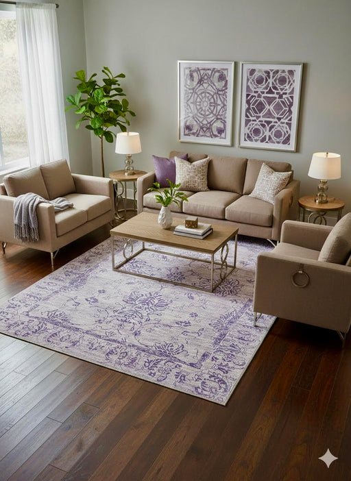 6' x 9' Rectangular Light Green & Navy Blue Botanical Floral Contemporary Washable Area Rug placed in a contemporary living room.