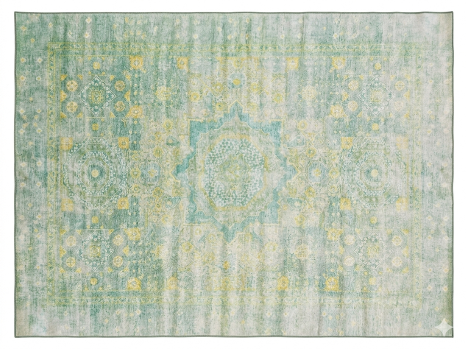 6' x 9' Rectangular Mint Green Distressed Medallion Traditional Washable Area Rug displayed on a white background, showcasing its soft mint green and subtle yellow distressed medallion pattern.