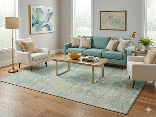 6' x 9' Rectangular Mint Green Distressed Medallion Traditional Washable Area Rug styled in a bright living room with a mint sofa, cream accent chairs, and light wood floors.