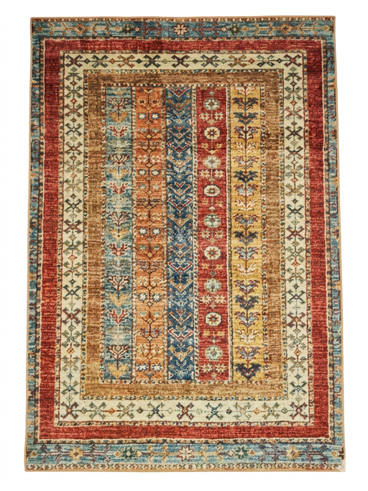 6' x 9' Rectangular Multicolor & Red Striped Tribal Traditional Area Rug isolated on a white background.