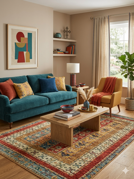 6' x 9' Rectangular Multicolor & Red Striped Tribal Traditional Area Rug styled in a contemporary living room.