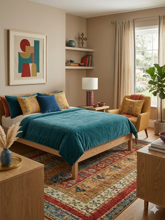6' x 9' Rectangular Multicolor & Red Striped Tribal Traditional Area Rug styled in a warm modern bedroom.