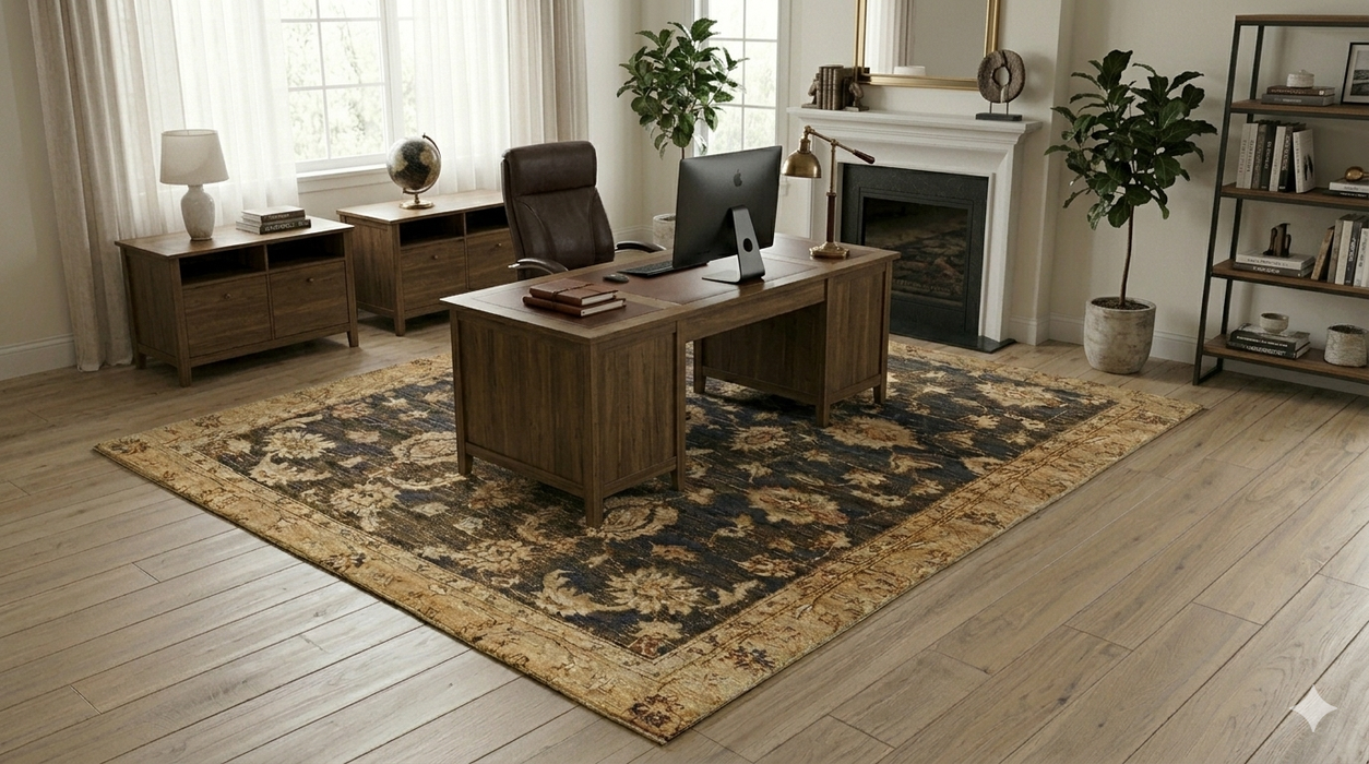 6' x 9' Rectangular Navy & Beige Floral Traditional Washable Area Rug styled in a home office with a wooden desk, shelving, and natural light.