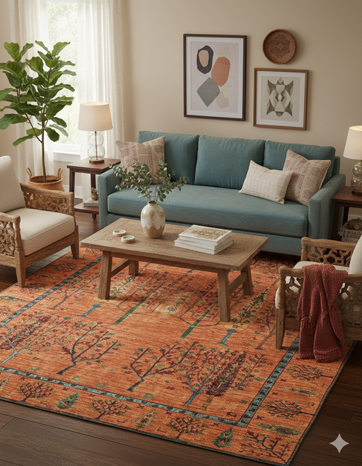 6' x 9' Rectangular Orange & Blue Floral Border Traditional Washable Area Rug placed in a cozy living room with a teal sofa, wooden coffee table, and bright natural light.