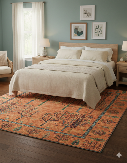 6' x 9' Rectangular Orange & Blue Floral Border Traditional Washable Area Rug placed in a serene bedroom with neutral bedding, soft natural lighting, and a calm ambiance.