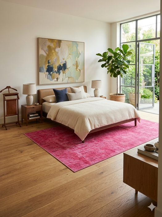 6' x 9' Rectangular Pink & Rose Distressed Vintage Washable Area Rug styled in a bedroom with neutral bedding and coordinated accent pillows.