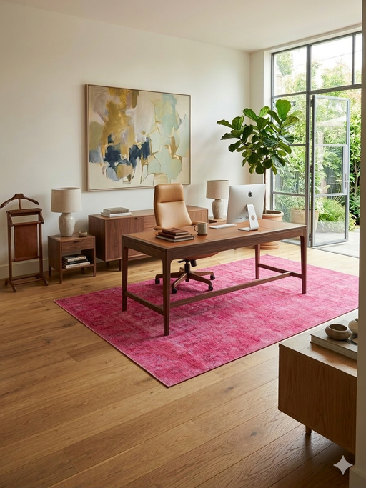 6' x 9' Rectangular Pink & Rose Distressed Vintage Washable Area Rug styled in a home office with natural light and indoor plants.