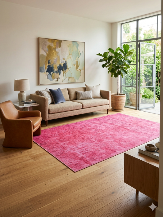 6' x 9' Rectangular Pink & Rose Distressed Vintage Washable Area Rug styled in a living room with warm-toned decor and abstract wall art.