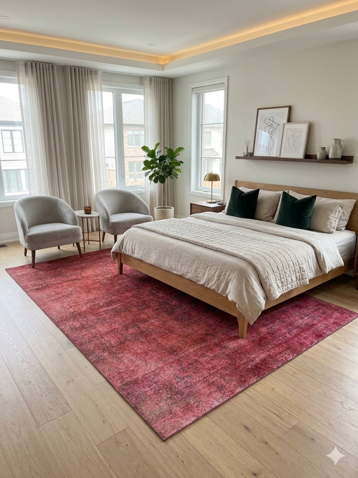 6' x 9' Rectangular Red & Pink Distressed Abstract Modern Area Rug styled in a bedroom with neutral bedding and modern decor.