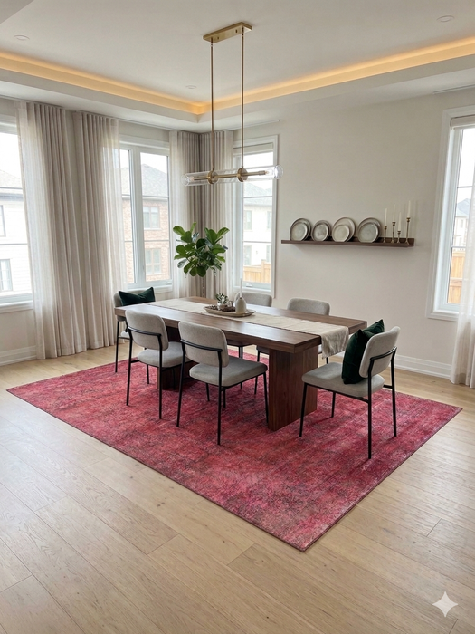 6' x 9' Rectangular Red & Pink Distressed Abstract Modern Area Rug styled in a bedroom with neutral bedding and modern decor.
