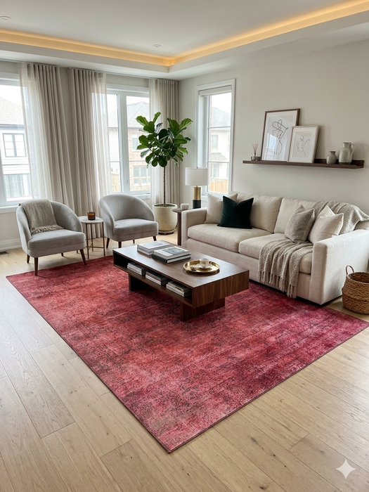 6' x 9' Rectangular Red & Pink Distressed Abstract Modern Area Rug styled in a living room with a sofa, accent chairs, and large windows.