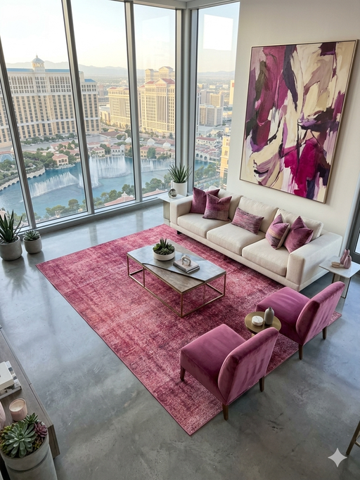 6' x 9' Rectangular Rose Pink Distressed Abstract Modern Area Rug styled in a living room with a sofa, accent chairs, and floor-to-ceiling windows.