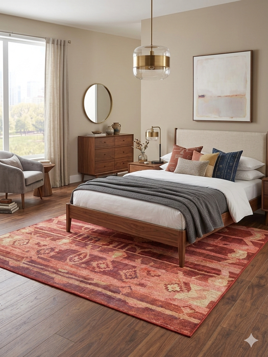 6' x 9' Rectangular Rust Pink Southwestern Tribal Geometric Area Rug placed in a bedroom beneath the bed, complementing neutral furniture and warm tones.