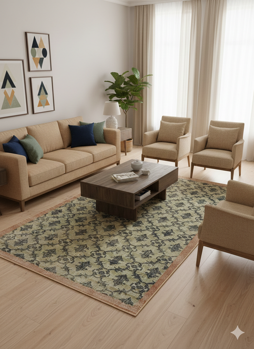 6' x 9' Rectangular Sage Green & Charcoal Floral Traditional Washable Area Rug placed in a neutral living room with a beige sofa, accent chairs, and a wooden coffee table.