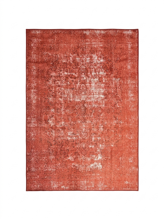 6' x 9' Rectangular Terracotta & Ivory Distressed Medallion Traditional Washable Area Rug isolated on a white background.