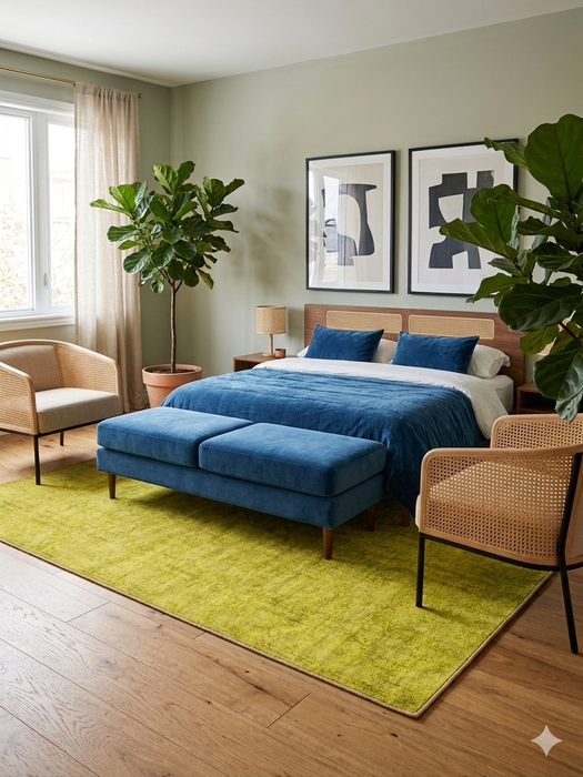 6' x 9' Rectangular Yellow Distressed Minimalist Modern Washable Area Rug styled in a bedroom with a bed and accent seating.
