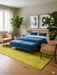 6' x 9' Rectangular Yellow Distressed Minimalist Modern Washable Area Rug styled in a bedroom with a bed and accent seating.