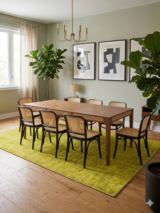 6' x 9' Rectangular Yellow Distressed Minimalist Modern Washable Area Rug styled in a dining room with a wooden table and chairs.