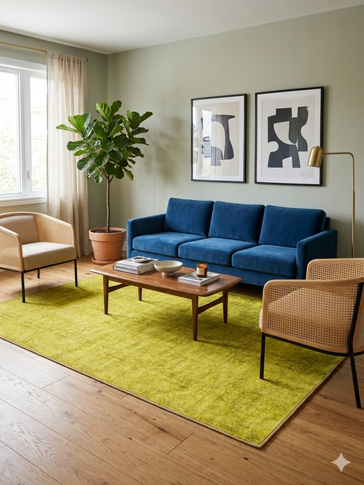 6' x 9' Rectangular Yellow Distressed Minimalist Modern Washable Area Rug styled in a living room with a sofa and coffee table.