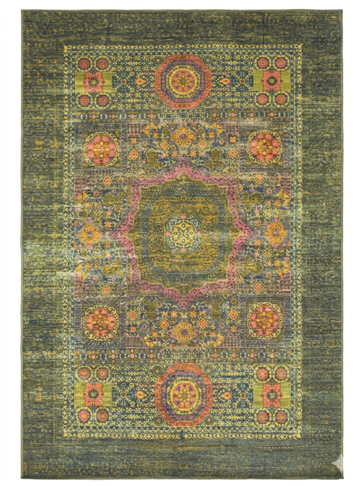 6' x 9' rectangular olive green & multicolor floral medallion traditional area rug isolated on a white background.