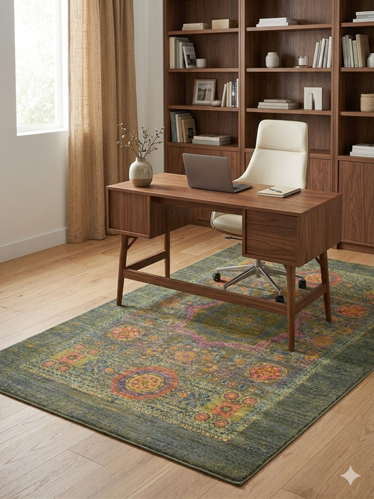 6' x 9' rectangular olive green & multicolor floral medallion traditional area rug placed in a home office with a wooden desk, modern chair, and built-in shelving.