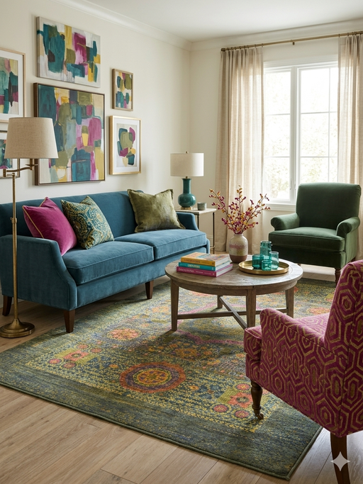 6' x 9' rectangular olive green & multicolor floral medallion traditional area rug placed in a vibrant living room with a teal sofa, accent chairs, and colorful wall art.