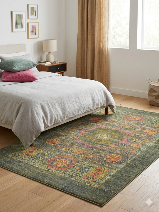 6' x 9' rectangular olive green & multicolor floral medallion traditional area rug styled in a bedroom with a light upholstered bed, soft linens, and warm natural light.