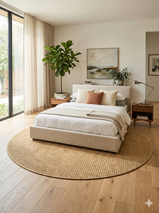 7' Round Beige & Natural Solid Textured Jute-Style Area Rug styled in a bedroom with neutral bedding and minimalist decor.