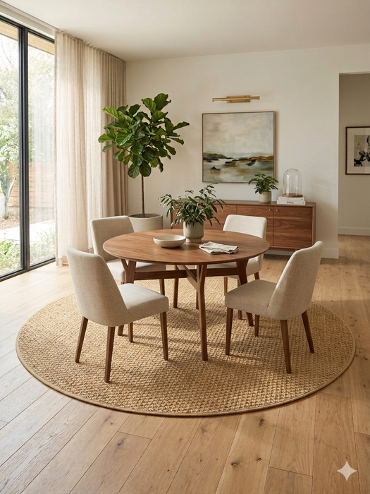 7' Round Beige & Natural Solid Textured Jute-Style Area Rug styled in a dining area with a round table and soft natural light.