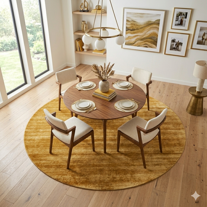 7' Round Gold & Beige Distressed Abstract Modern Area Rug placed in a contemporary dining room beneath a round wooden dining table.