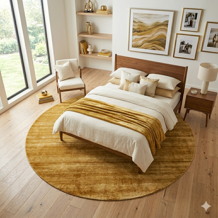 7' Round Gold & Beige Distressed Abstract Modern Area Rug styled in a modern bedroom under a wooden bed.