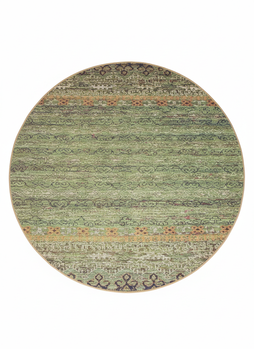7' Round Green & Gold Washable Area Rug with Distressed Traditional Pattern