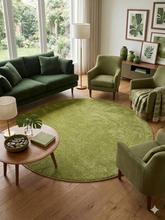 7 ft Round Green Solid Shag Modern Contemporary Area Rug styled in a cozy living room.