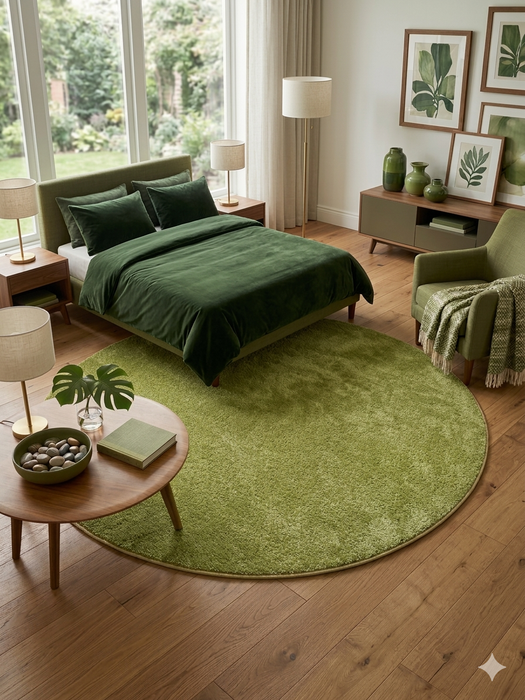 7 ft Round Green Solid Shag Modern Contemporary Area Rug styled in a modern bedroom.