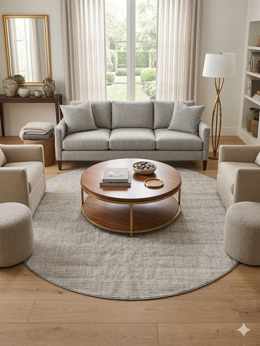7 ft Round Ivory & Gray Textured Minimalist Modern Washable Area Rug styled in a contemporary living room.