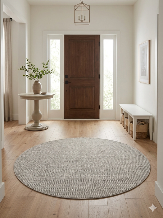 7' round ivory gray micro dot textured modern area rug placed in an entryway with a wooden front door, console table, and minimal decor.