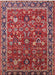 7' x 10' Rectangle Red & Navy Floral Traditional Washable Area Rug displayed on a clean background highlighting the intricate floral motifs and classic border design.