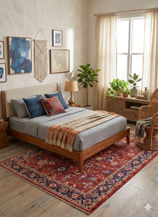 7' x 10' Rectangle Red & Navy Floral Traditional Washable Area Rug placed in a cozy bedroom with a wooden bed frame, neutral bedding, and natural light from a large window.