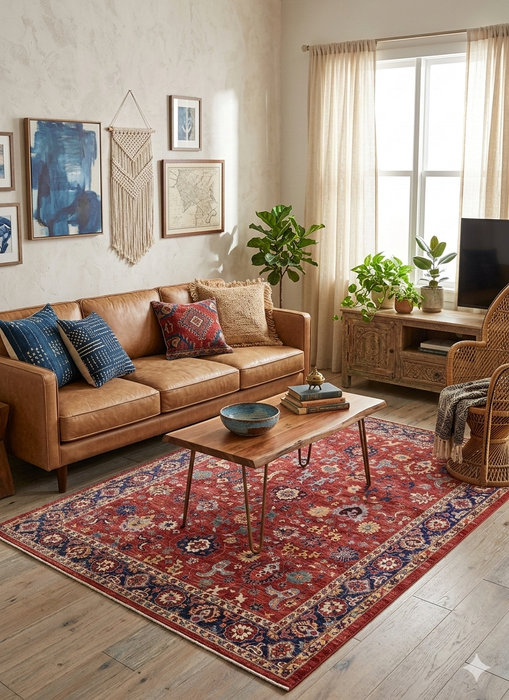7' x 10' Rectangle Red & Navy Floral Traditional Washable Area Rug styled in a welcoming living room with a leather sofa, wood coffee table, and boho-inspired décor.